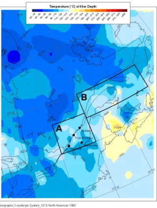 Figure 2-6 : Températures prédites au sud-est du Canada à 6 km de profondeur