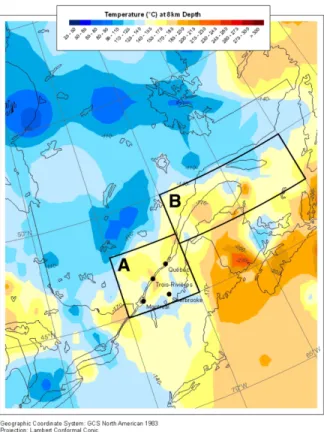 Figure 2-7 : Températures prédites au sud-est du Canada à 8 km de profondeur  Potentiel géothermique des sous-régions 