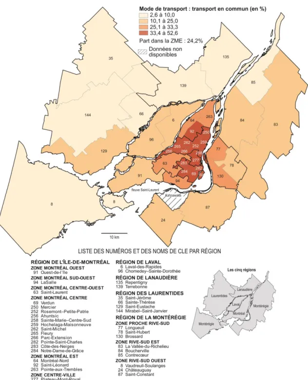 Figure 5. Part des travailleurs se rendant habituellement au travail en transport en commun  (autobus, métro, train), CLE de la ZME, 2011 