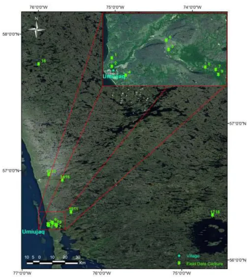 Figure 1 : Location of the surface probes (green dots) operational since 2012-2013,  Hudson Bay East Coast, Québec, CANADA
