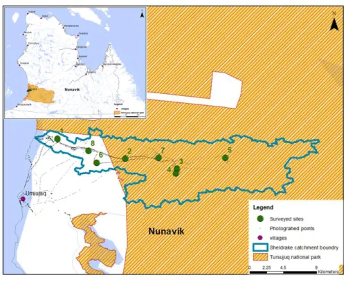 Figure 2 :  Localization of the Sheldrake watershed with the 8 surveyed sites 