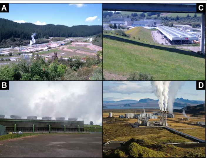 Figure  3  –  Exemples de centrales géothermiques. A : Installations  de conduits au sol près de la centrale de  Wairakei, Nouvelle-Zélande