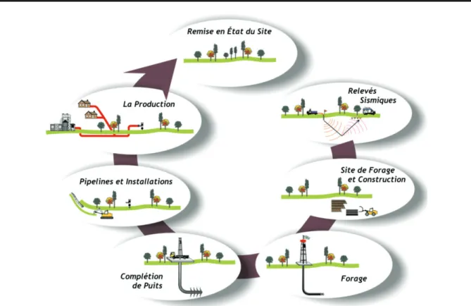 Figure 8 – Étapes des activités d’exploration et d’exploitation des hydrocarbures en milieu  terrestre (APGQ, 2010)