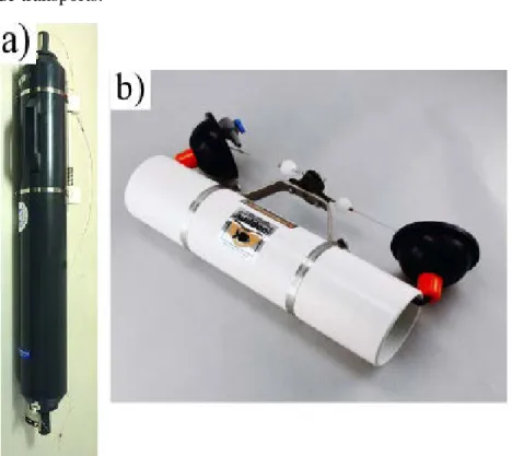 Figure 1 : a) bouteille Niskin verticale, b) bouteille Van Dorn horizontale. 