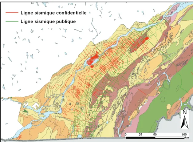Figure 13 : Carte de localisation des lignes sismiques enregistrées dans la région des Basses-Terres du  Saint-Laurent depuis 1955