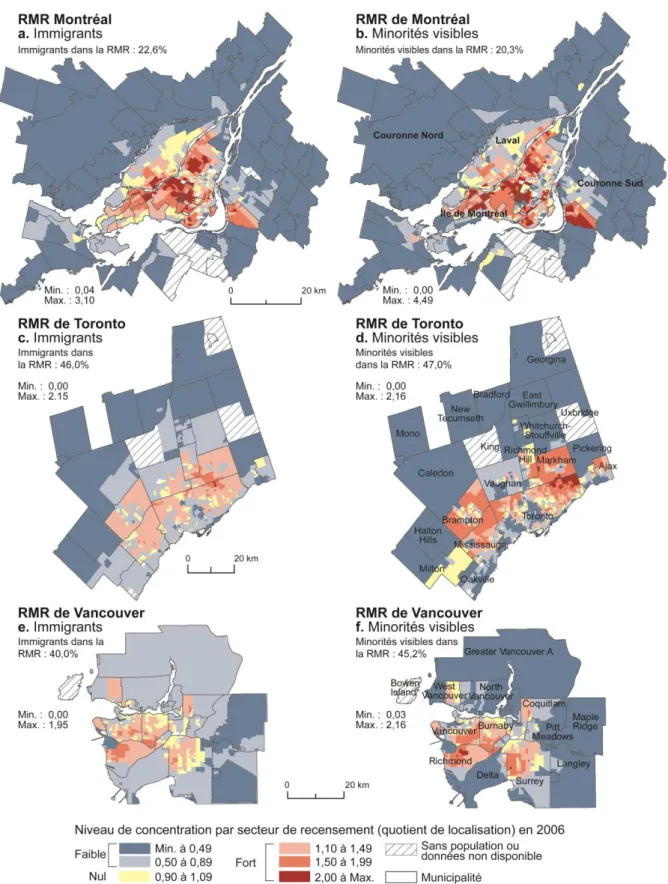 Figure 3. Concentration spatiale des immigrants et des minorités visibles à Montréal, Toronto et  Vancouver, 2011 