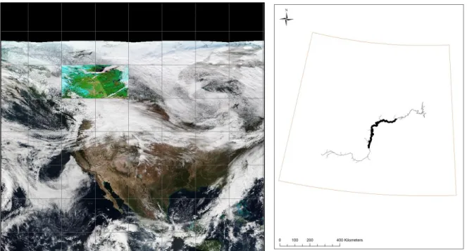 Figure 4: Tiling of MODIS images over North America. The two colored tiles are covering the area  shown on the right