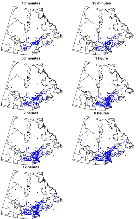 Figure 3.1: Cartes des stations utilis´ ees pour l’interpolation des intensit´ es des MA pour les diff´ erentes dur´ ees.
