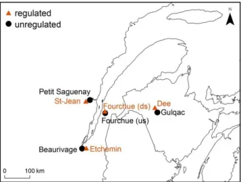 Figure 1. Location of study sites in Eastern Canada (us=upstream and ds=downstream) 