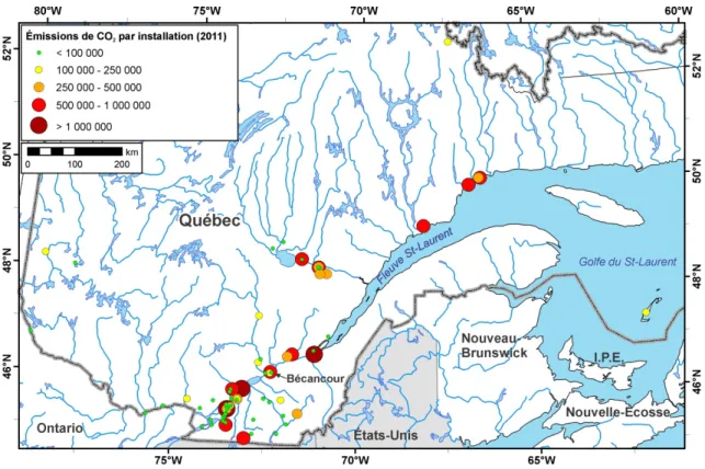 Figure 5 – Localisation des grands émetteurs de CO 2  au Québec en 2011. Source des données pour  les émissions de CO 2  : Environnement Canada (2011)
