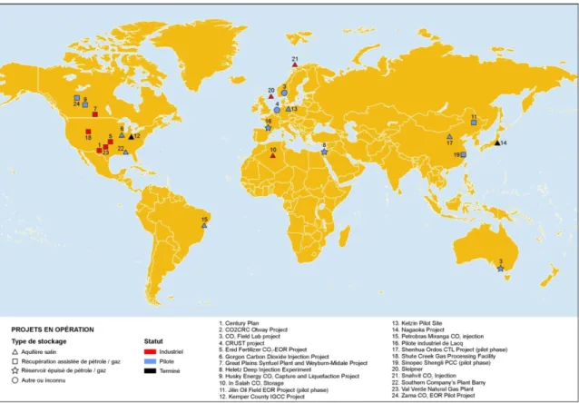 Figure 7 – Carte de localisation des projets de stockage géologique de CO 2  en opération ou terminés  dans le monde en 2012 (modifiée de GCCSI, 2012)