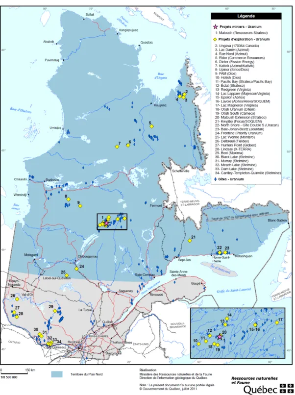 Figure 8. Gites d’uranium recensées au Québec. Gouvernement du Québec, MRNF, 2011 