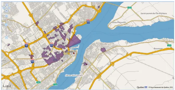 Figure 1  Aires de diffusion très défavorisées des villes de Québec et de Lévis 