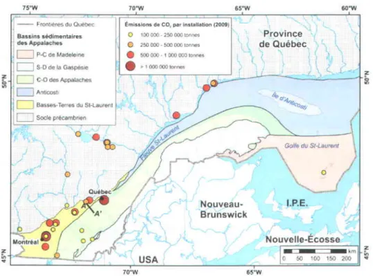 Figure  2  -  Carte  des bassins s6dimentaires du  sud  du  Qu6bec et  des 6missions de  CO2 par  installation industrielle  en 2009