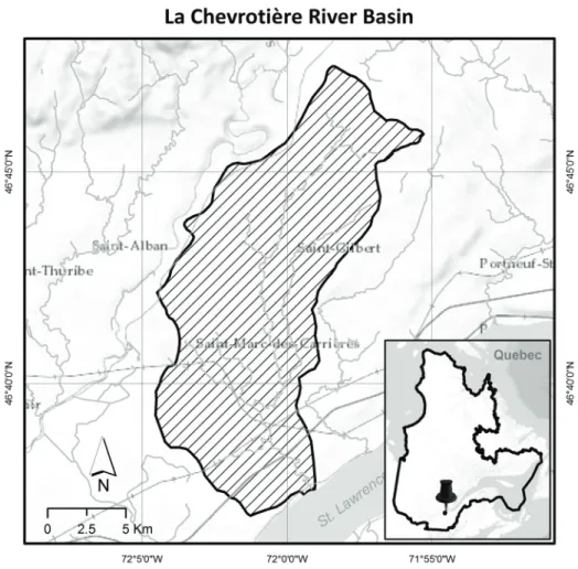 Figure 11: The study area, the La Chevrotière river basin (107 km 2 ), located on the north  shore of the St