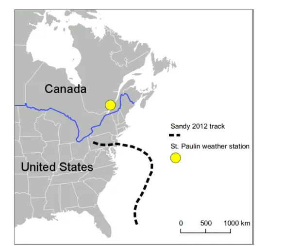 Figure 1 : Location of the St.Paulin weather station (Quebec, Canada) and the storm path of Hurricane Sandy  from October 26 to October 30, 2012
