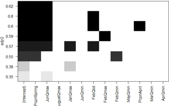 Figure 2. Exhaustive selection of input predictors by the maximisation of the adjusted R2