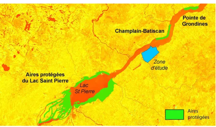 Figure  5.  Aires protégées dont la superficie est de 1000 hectares ou plus  aux environs  de la zone  d’étude (source :  données-cadres nationales de l'Atlas du Canada à l'échelle de 1/1 000 000,  Environnement Canada)