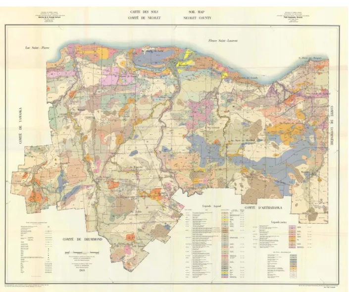 Figure 7. Carte pédologique de la région de Nicolet réalisée en 1943 par les services du ministère de  l’agriculture