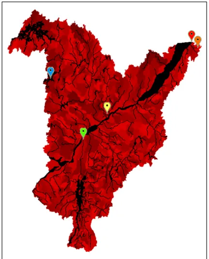 Figure 4.3 : Localisation des tronçons pour la comparaison des débits simulés : bleu, 573; vert, 263; jaune,  647; orange, 690; et rouge, 1