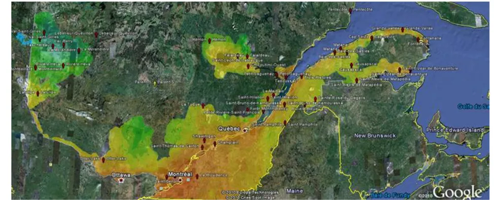 Figure 1. Carte montrant la répartition des stations météorologiques du MDDEP ayant servi à la validation des résultats de  l’analyse en climat actuel 
