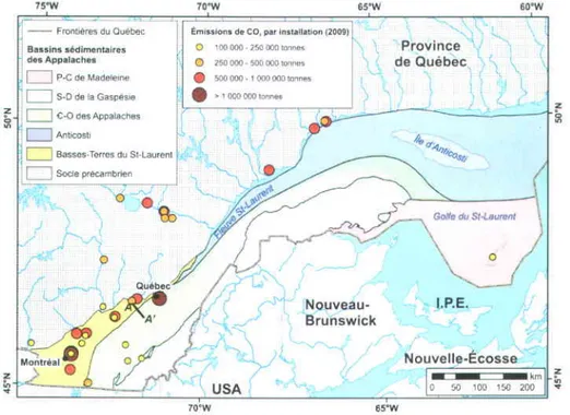 Figure 2  -  Carte des bassins s6dimentaires du  sud du  Qu6bec et des 6missions de CO2 par  installation industrielle en 2009