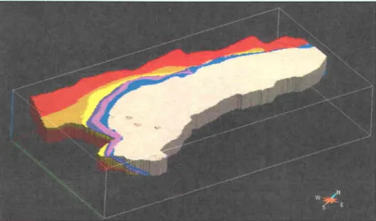 Figure 10 -  Modile  3D volumique du  bassin montrant les unit6s analys6es  entre les profondeurs de 800 et 3500 mitres