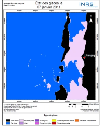 Figure 29  Carte du 7 janvier 2011, formation de nouvelle glace (sorbet) en face du village  d’Umiujaq entre les îles Nastapoka et la côte