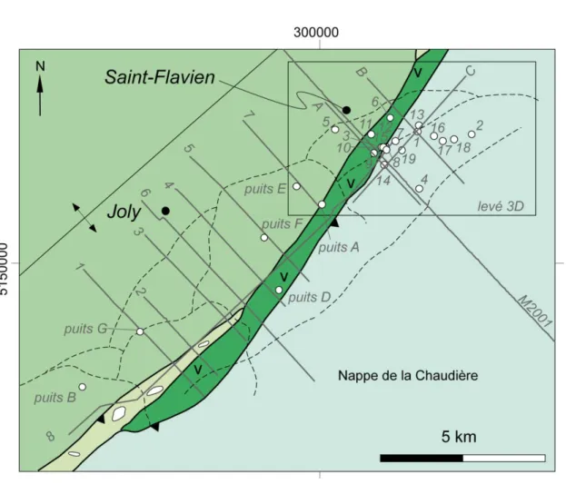 Figure 2. Les données disponibles dans la région de Joly – Saint-Flavien. Les lignes A, B, et C sont les  lignes arbitraires construites à travers le levé sismique 3D pour présenter les résultats de l’interprétation  (Fig