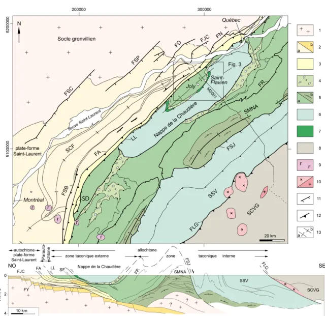 Figure 1. Carte tectonique du  Sud du  Québec, modifiée d’après St-Julien et Slivitsky (1985),  Globensky (1987), Pinet et Tremblay (1995), Konstantinovskaya et al