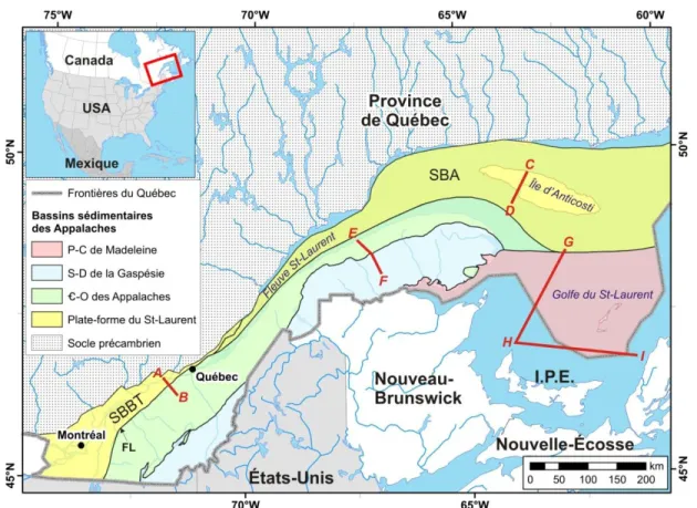 Figure 2 – Bassins sédimentaires du sud du Québec. SBBT : sous-bassin des Basses-Terres du Saint-Laurent