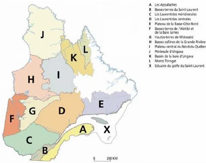 Figure 3.1 Provinces naturelles du Québec selon la biogéographie  du territoire  (tiré de : MELCC  2019) 