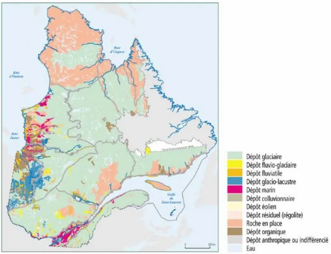 Figure 3.4 Les dépôts de surfaces du Québec (tiré de : MELCC, 2019) 