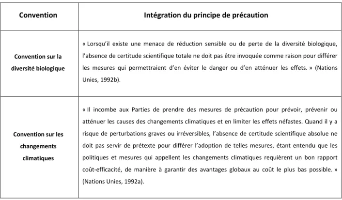Tableau 1.2 Le principe de précaution dans les conventions du sommet de Rio  (inspiré de : Nations  Unies, 1992a; Nations Unies, 1992b)