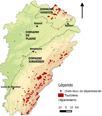 Figure 2.1 : Répartition des tourbières en Franche-Comté (inspiré de : CEN FC, s. d.c) 