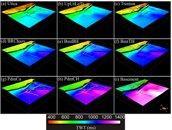 Figure  6.  Surfaces modélisées en temps-double (TWT) des neuf horizons dans la région de Bécancour