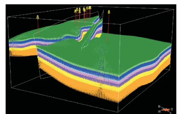 Figure 9. Représentation 3D du modèle géologique de la plate-forme du Saint-Laurent dans la région de Bécancour,  avec le même code de couleurs utilisé  pour les toits de formation à la Figure 3