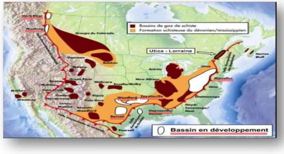 Figure 1.7 Localisation géographique des shales gazifères de l'Amérique du Nord                    Tirée de MRNF, 2010, p