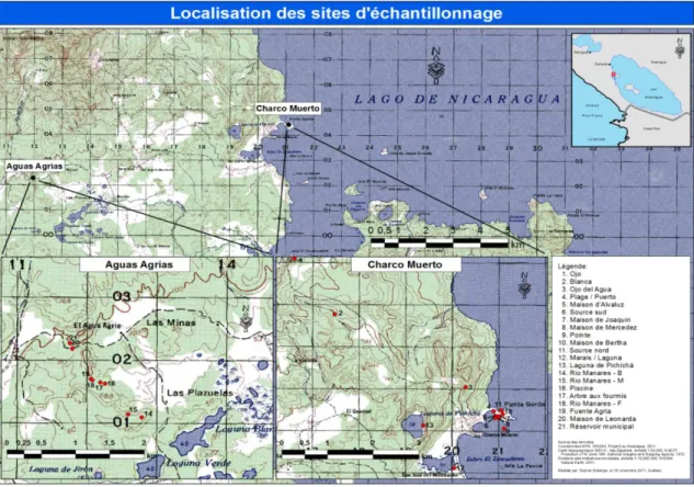 Figure 2-1 : Localisation des sites d’échantillonnage dans les communautés de Charco Muerto et  d’Aguas Agrias, Nicaragua
