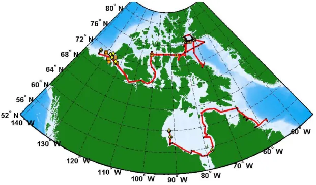 FIGURE 1. ArcticNet 2007 and 2008 study area. Ship track is illustrated as a red line,  Rosette-CTD sampling locations are represented by black dots
