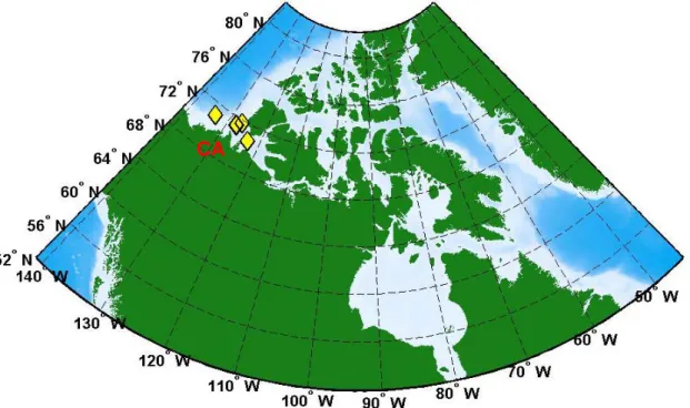 FIGURE 5. Mooring locations are identified by the yellow diamond-shaped dots. In  2008, six moorings were deployed on four different locations