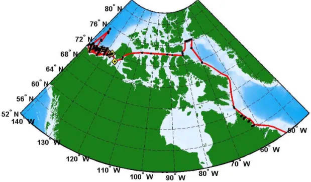 FIGURE 1. ArcticNet 2009 study area. Ship track is illustrated as a red line, Rosette- Rosette-CTD sampling locations are represented by black dots