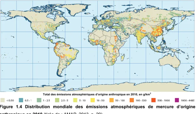 Figure  1.4  Distribution  mondiale  des  émissions  atmosphériques  de  mercure  d’origine  anthropique en 2010 (tirée de : AMAP, 2013, p