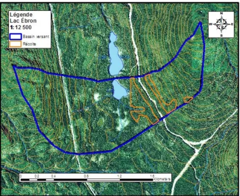 Figure 4. Carte topographique délimitant le bassin versant du lac Ébron 