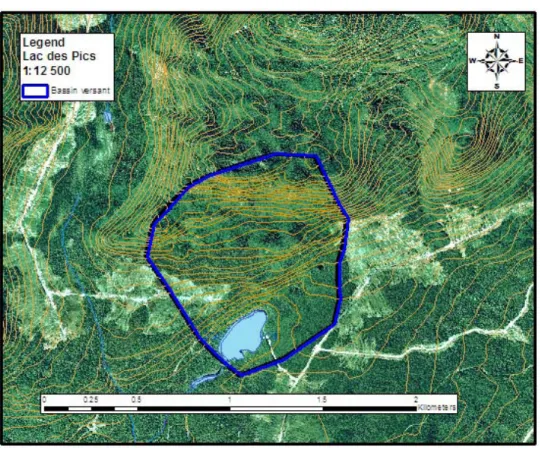 Figure 5. Carte topographique délimitant le bassin versant du lac des Pics 