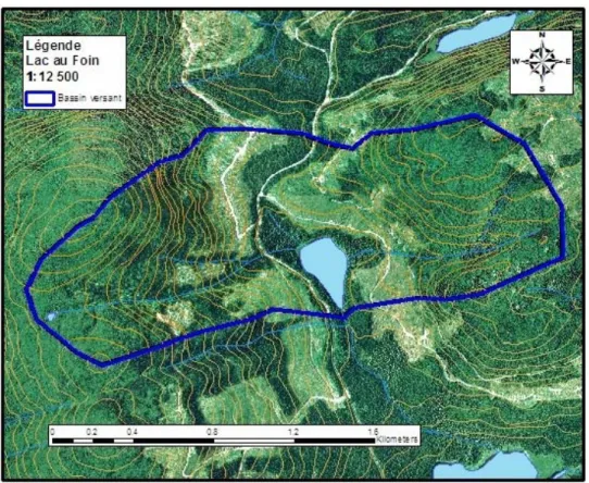Figure 7. Carte topographique délimitant le bassin versant du lac au Foin 