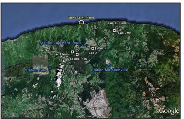 Figure 11. Localisation de la station météorologique près du lac Mont-Louis (Station lac Mont-Louis) et  des stations de références (Station Gîte et Station Murdochville) 