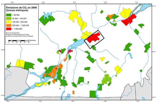 Fig. 1. La carte des émissions de CO 2  dans la région du sud du Québec en 2006, compilée à partir de données du  Ministère du Développement durable, de l’Environnement et des Parcs du Québec