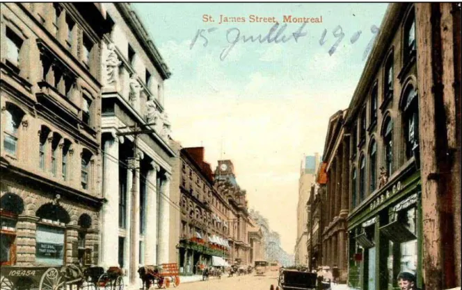 Fig. 21 : L’ancien siège social de la Banque Royale en 1909 sur la rue Saint-Jacques. Source : BANQ, Collection  Magella-Bureau, D002P1236R.