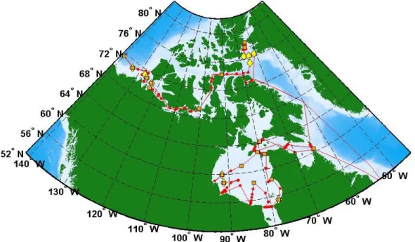 FIGURE 1. ArcticNet 2005 study area. Ship track is illustrated as a red line, Rosette- Rosette-CTD sampling locations are represented by red dots